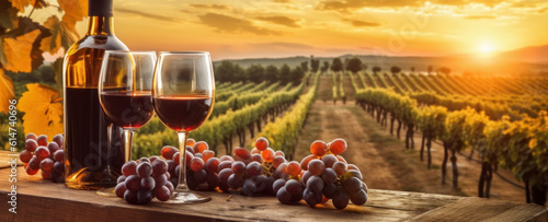Viticulture banner with red wine bottle and glasses, grapes and sunset over wineyards. Generative AI