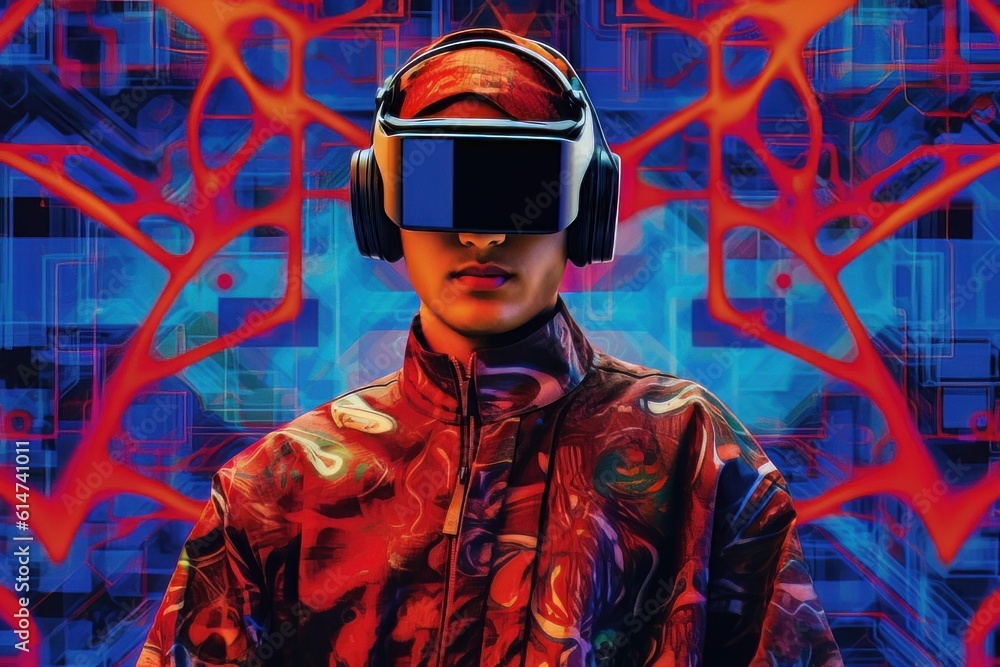 Face of modern Muslim man with beard wearing virtual reality glasses in cyber space AI Face of modern Muslim man with beard wearing virtual reality glasses in cyber space AI