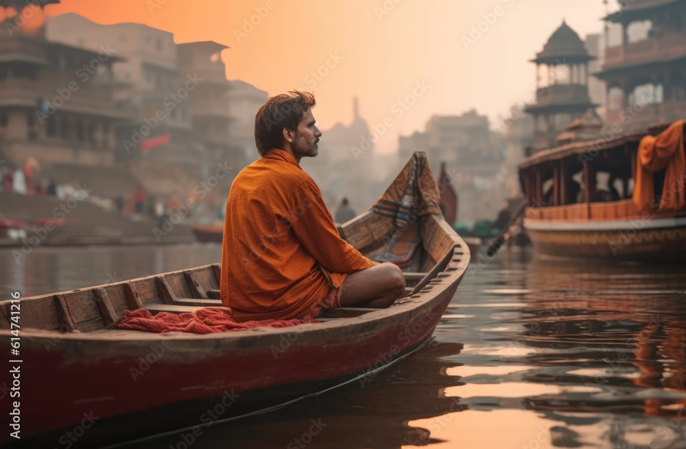 Obraz premium Authentic Indian Culture: Man Enjoying a Sunset Boat Ride on the Ganges River - Ai Generative