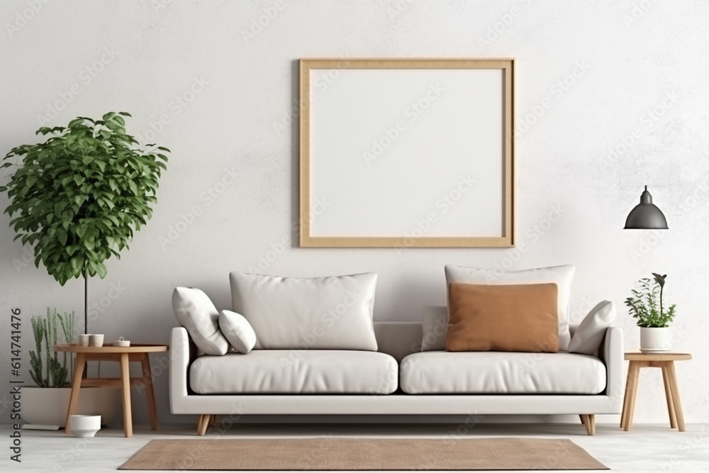 Blank picture frame mockup on gray wall. White living room design. generative AI Blank picture frame mockup on gray wall. White living room design. generative AI
