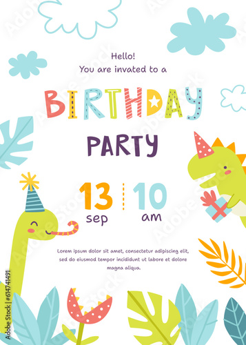 Children's birthday invitation with cute dino. Kids birthday party card with festive dinosaurs and plants.
