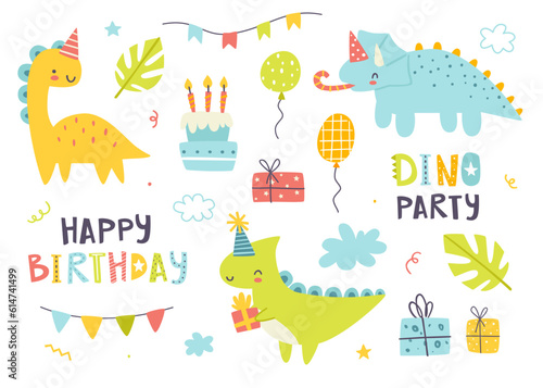 Dino birthday party set. Cute doodle dinosaurs celebration collection. Stickers bundle with festive dino and decoration.