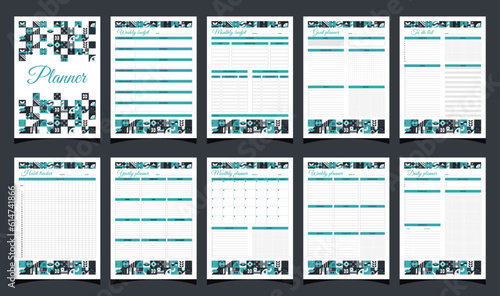 Planners set geometry. Daily, weekly, monthly, yearly, habit tracker, to do list, goal, monthly budjet, weekly budjet and cover.  Planners printable template with geometric shapes. 