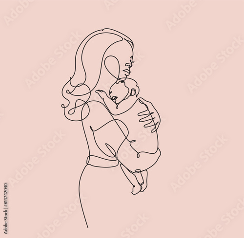 Abstract motherhood continuous line art. Young mom hugging her baby. Hand drawn illustration for Happy International Mother's Day card, loving family, parenthood childhood concept