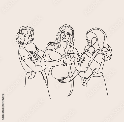 Maternity concept line art illustration. Pregnant women, woman with a newborn baby. Motherhood, maternity, hand drawn style vector illustrations.