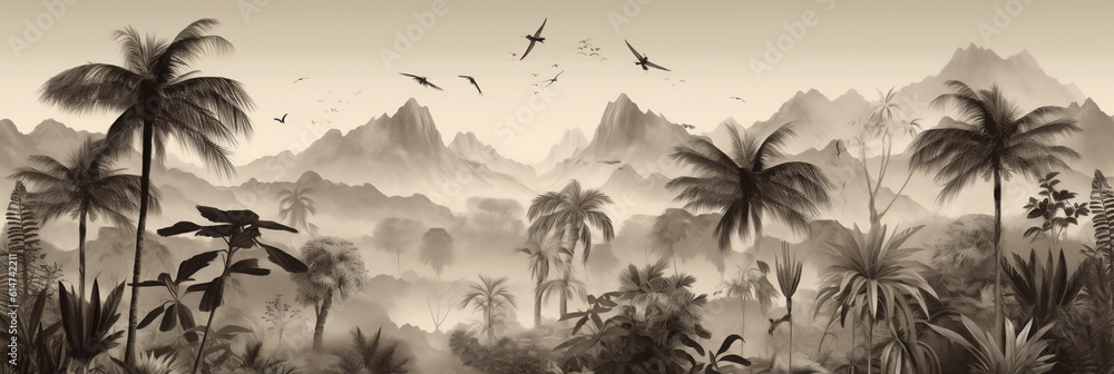 Vintage wallpaper, an oasis of palm trees, mountains with birds with a black and white background, Generative AI