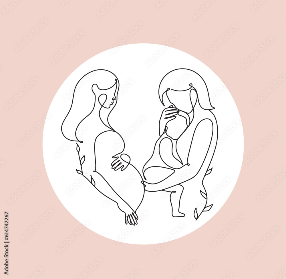 Maternity concept line art illustration. Pregnant women, woman with a newborn baby. Motherhood, maternity, hand drawn style vector illustrations.