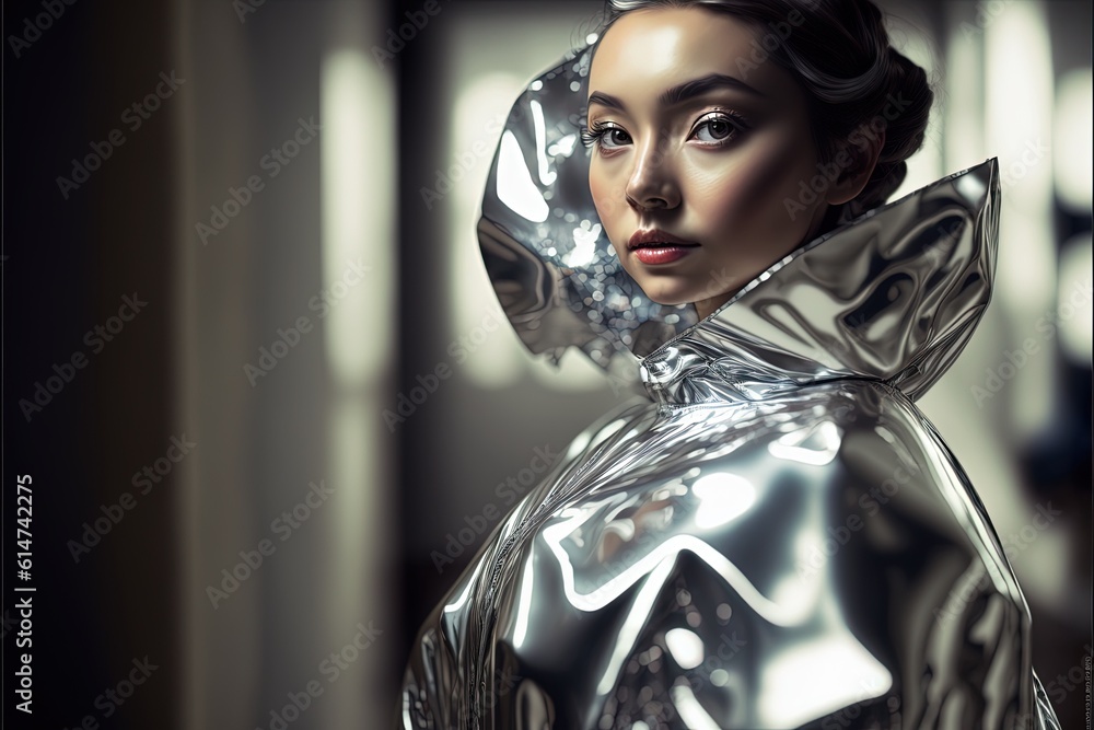 Model Wearing Glossy Silver Clothes. Generative AI, non-existent person. Model Wearing Glossy Silver Clothes. Generative AI, non-existent person.