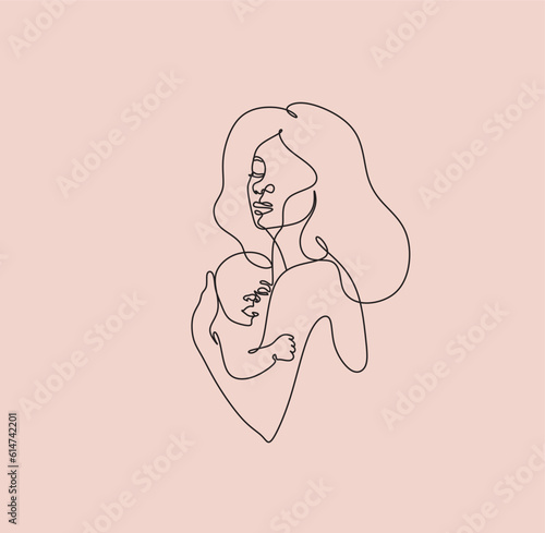 Abstract motherhood continuous line art. Young mom hugging her baby. Hand drawn illustration for Happy International Mother's Day card, loving family, parenthood childhood concept