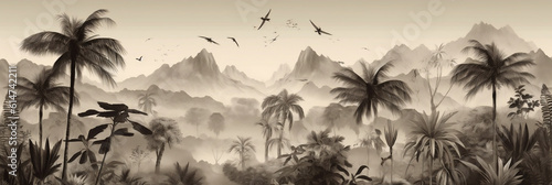 Vintage wallpaper  an oasis of palm trees  mountains with birds with a black and white background  Generative AI