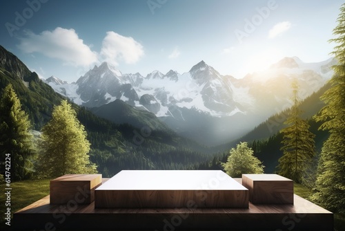 wooden podium for product presentation on the background of a mountain landscape. generative ai.