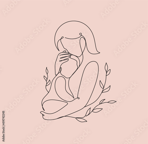 Abstract motherhood continuous line art. Young mom hugging her baby. Hand drawn illustration for Happy International Mother's Day card, loving family, parenthood childhood concept