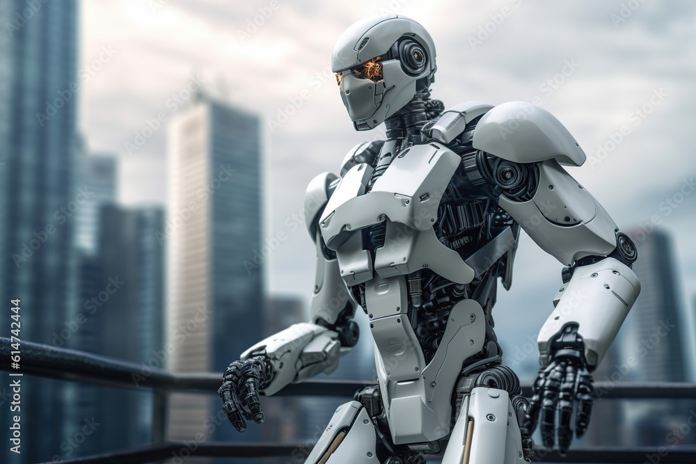humanoid robot on the background of a big city. the concept of the future. generative ai. humanoid robot on the background of a big city. the concept of the future. generative ai.