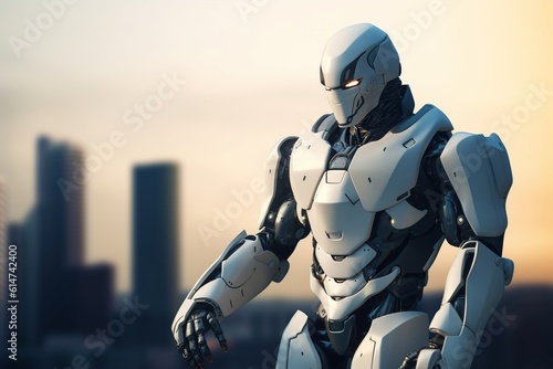humanoid robot on the background of a big city. the concept of the future. generative ai.
