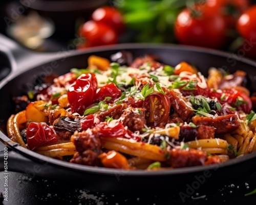 Pasta alla Norma with a close-up view of the ingredients, showcasing the texture and vibrant colors