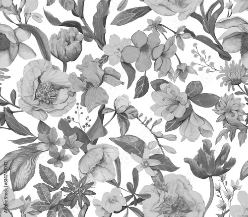 Floral seamless pattern painted in watercolor. Floral background with different flowers © Арина Трапезникова
