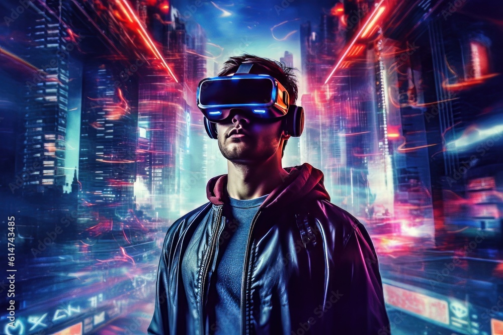Face of modern Muslim man with beard wearing virtual reality glasses in cyber space AI Face of modern Muslim man with beard wearing virtual reality glasses in cyber space AI