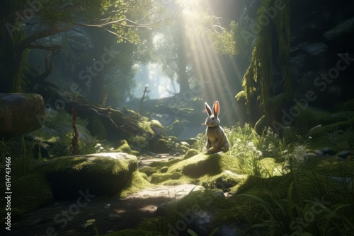 An image showcasing a bunny exploring a hidden forest glen, with dappled sunlight filtering through the trees and moss-covered rocks, creating a sense of mystery and adventure. Generative AI