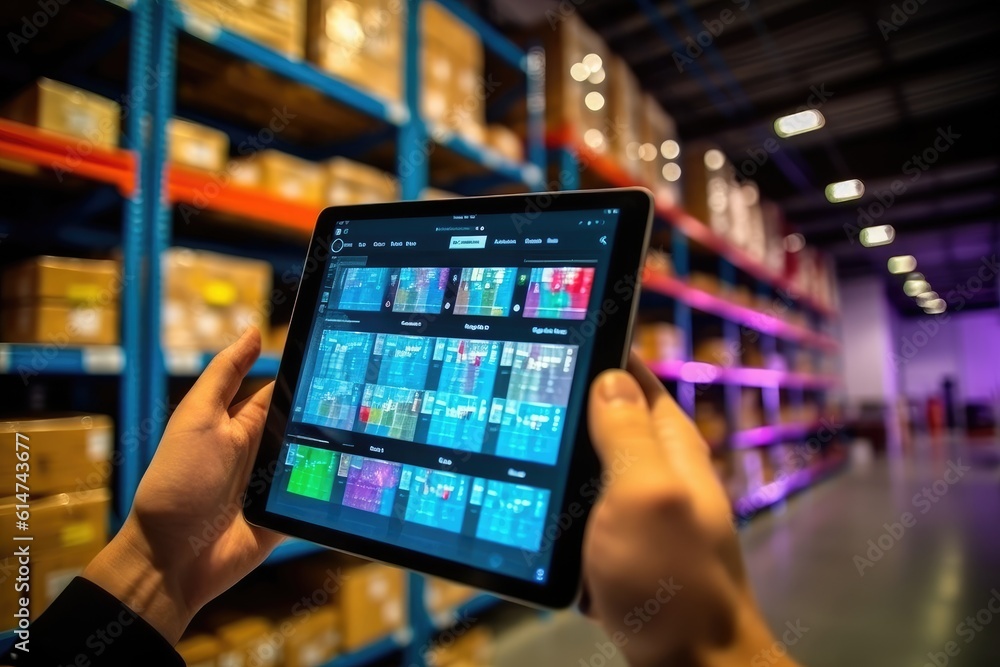 The efficiency and technology of a smart warehouse with a close - up shot of a manager using a digital tablet. Generative AI The efficiency and technology of a smart warehouse with a close - up shot of a manager using a digital tablet. Generative AI