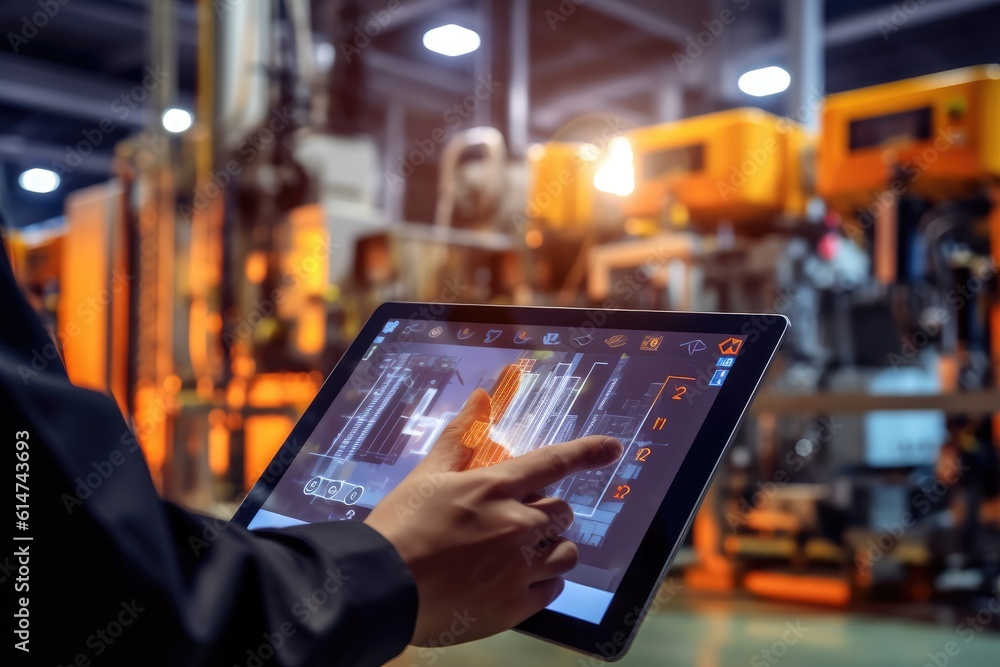 The efficiency and technology of a smart warehouse with a close - up shot of a manager using a digital tablet. Generative AI The efficiency and technology of a smart warehouse with a close - up shot of a manager using a digital tablet. Generative AI