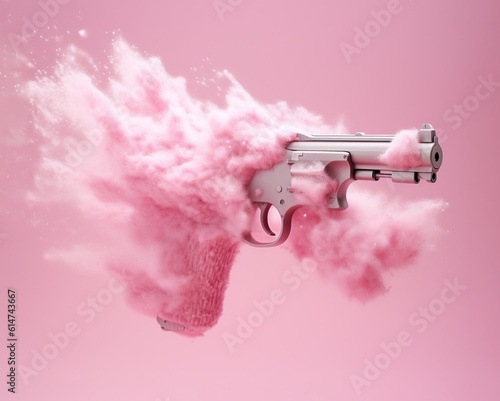 Explosive love: handgun discharging pink powder, ranged weapon with trigger and gun barrel, symbol of passionate emotion