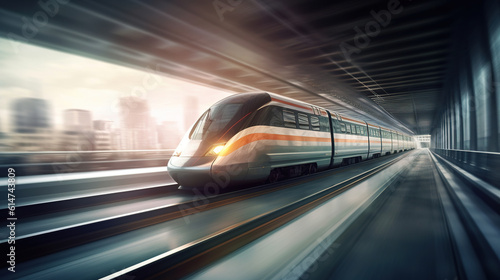 Speed train blurred in motion. Photorealistic illustration generated by Ai
