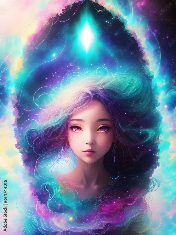 Young Woman's Aura Glows with Cosmical Spiritual Energy in Vibrant Illustration. created with generative ai Young Woman's Aura Glows with Cosmical Spiritual Energy in Vibrant Illustration. created with generative ai