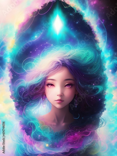 Young Woman's Aura Glows with Cosmical Spiritual Energy in Vibrant Illustration. created with generative ai