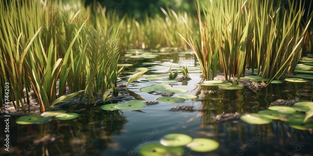AI Generated. AI Generative. Photo illustration of pond sedge at lake sea river water. Plant flora blossom. Graphic Art AI Generated. AI Generative. Photo illustration of pond sedge at lake sea river water. Plant flora blossom. Graphic Art
