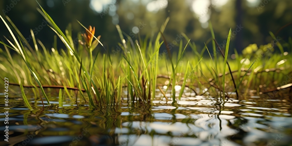 Obraz premium AI Generated. AI Generative. Photo illustration of pond sedge at lake sea river water. Plant flora blossom. Graphic Art