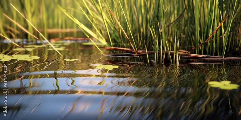 AI Generated. AI Generative. Photo illustration of pond sedge at lake sea river water. Plant flora blossom. Graphic Art AI Generated. AI Generative. Photo illustration of pond sedge at lake sea river water. Plant flora blossom. Graphic Art