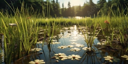 AI Generated. AI Generative. Photo illustration of pond sedge at lake sea river water. Plant flora blossom. Graphic Art