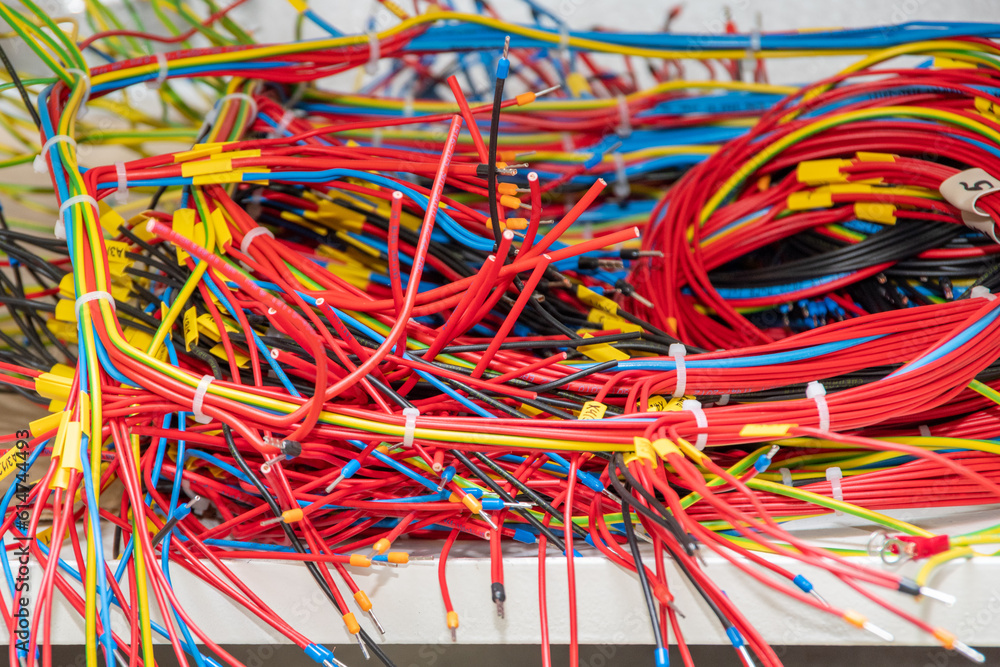 The bunch of electric wires or cables are strongly tangled together. Remnants of wires of different colors