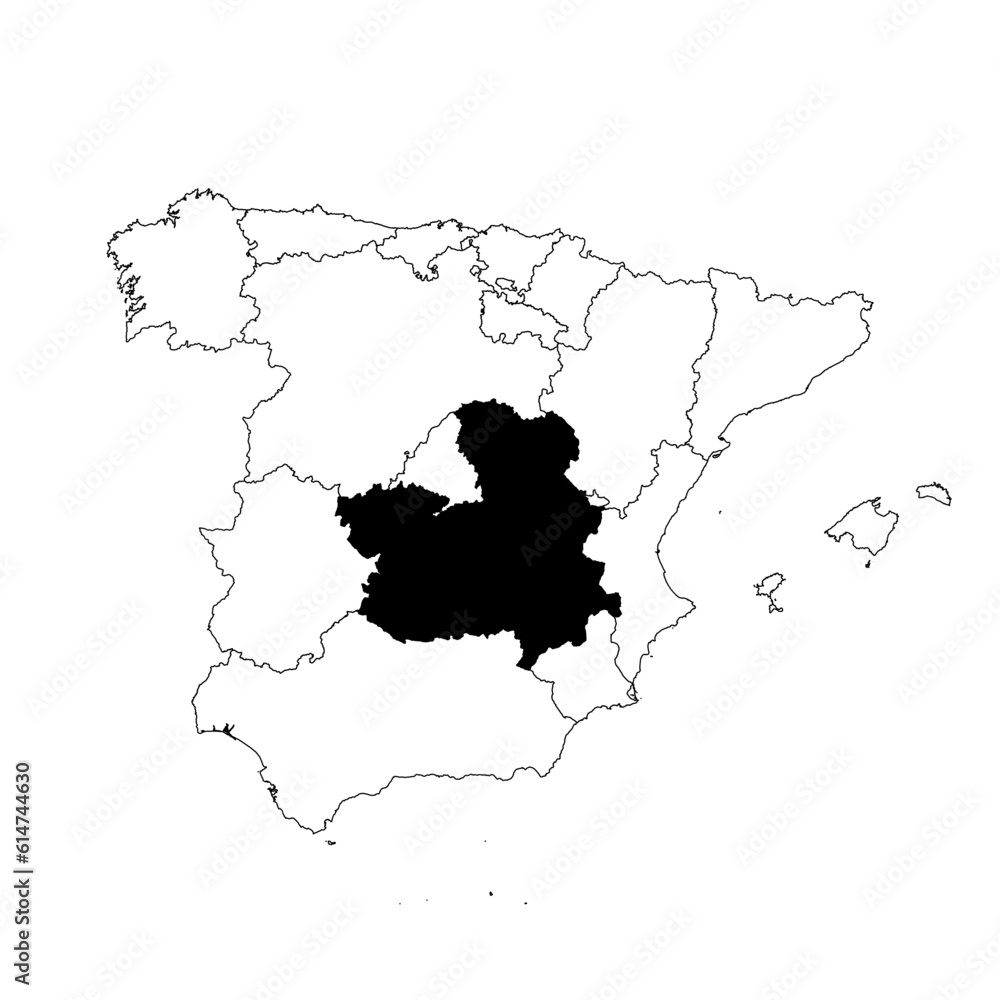 Vector map of the province of Castilla-LaMancha highlighted highlighted in black on the map of Spain.