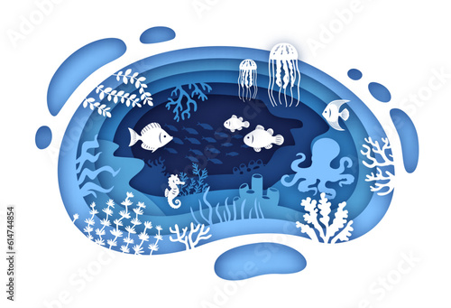 Underwater papercut. Ocean seabed fish seaweed coral reef silhouette sea water paper cut hole layers marine aquarium landscape creative banner origami ingenious vector illustration