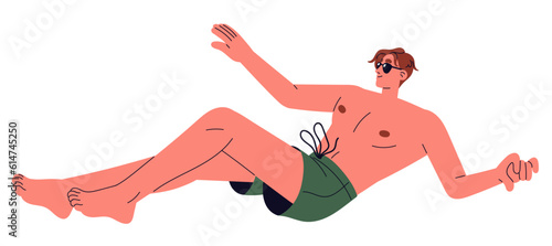 Happy guy in swimwear, sunglasses lying and chilling. Young man sunbathing, relaxing on vacations. Boy enjoying beach rest on summer holidays. Flat vector illustration isolated on white background