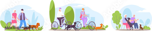Elderly people walk dogs. Aged married couple walking with dog outdoor summer nature, retirement lifestyle elder beard man and pet activities