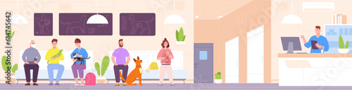 Vet clinic reception. Pet owners waiting for veterinarian appointment inside veterinary hospital, people with sick dog ill pets in registration room, splendid vector illustration