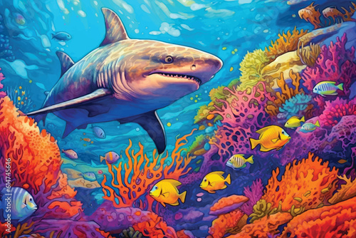 painting of underwater world with shark and coral fishes © Arash