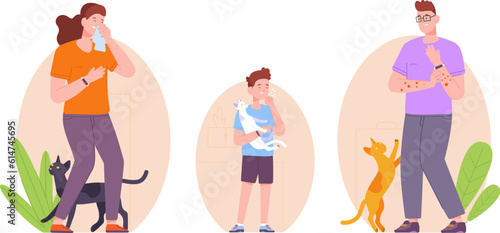 Cat allergy. Diseased woman and man with allergic symptoms nose sneezing or respiratory asthma, seasonal allergies sick on fur animal hair pet, concept splendid vector illustration