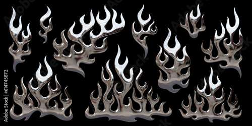 3D Y2K chromed fire shapes. Set of isolated vector elements as shiny melted metal flames in styles of chrome, silver, aluminum, platinum, steel, liquid mercury. Ideal for 2000s triball aesthetics