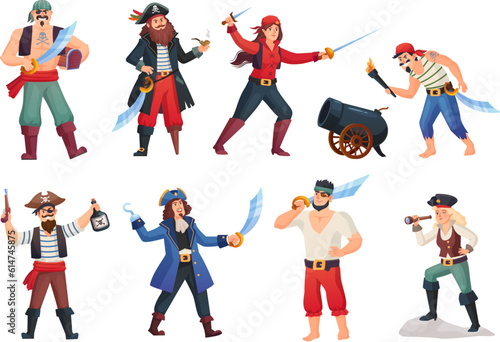 Pirate adventure characters. Cartoon pirat with rum, sea rover man woman in pirates costumes, corsair or marine sailor crew captain, buccaneer