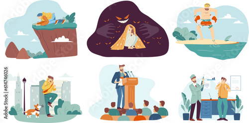 Different phobias. Scared people with emotional disorder feeling panic phobia fear of dark heights or water, stage fright glossophobia shock reactions, garish vector illustration