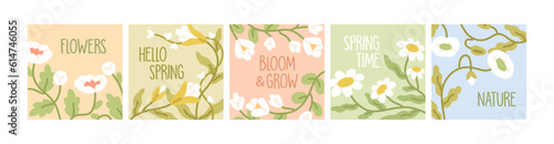 Floral square cards set. Cute nature postcard templates with spring blooming flowers and leaves. Minimal botanical background designs with field plants, wildflowers. Colored flat vector illustrations