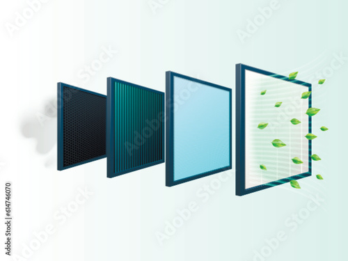 Realistic air filtering. 3D filter of conditioner, purifier carbon fiber layer for aire efficiency purification from dust or smoke, sanitation technology exact vector illustration
