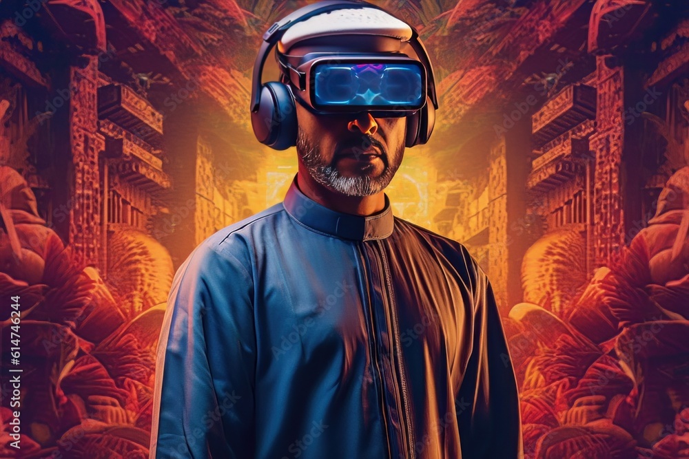 Face of a modern Muslim man with a beard wearing virtual reality glasses in cyber space AI Face of a modern Muslim man with a beard wearing virtual reality glasses in cyber space AI