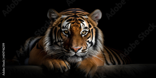 Sumatran Tiger, a tiger with a black background and a brown and white tiger's face and chest. Generative AI