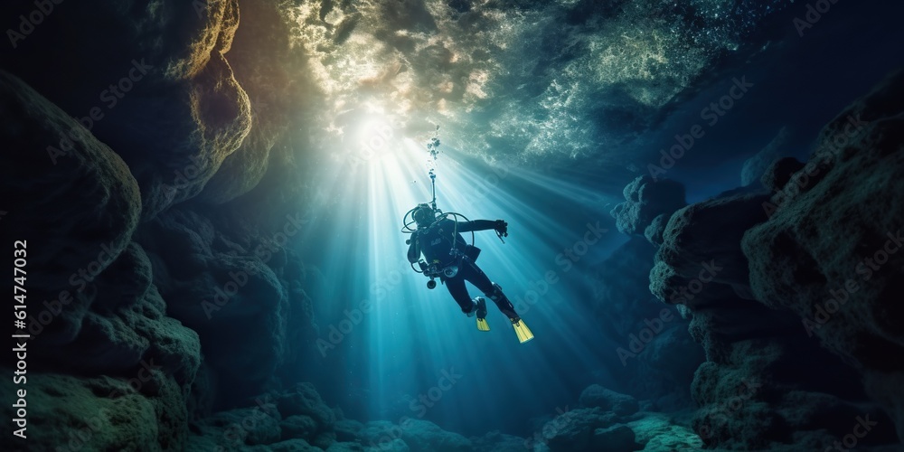 A tourist is diving in a cave with a beam of light shining down on him. A tourist is diving in a cave with a beam of light shining down on him.