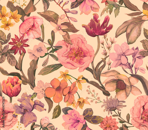 Floral seamless pattern painted in watercolor. Floral background with different flowers © Арина Трапезникова