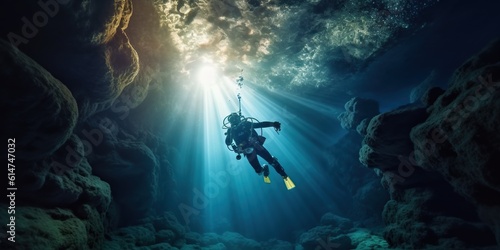 A tourist is diving in a cave with a beam of light shining down on him.